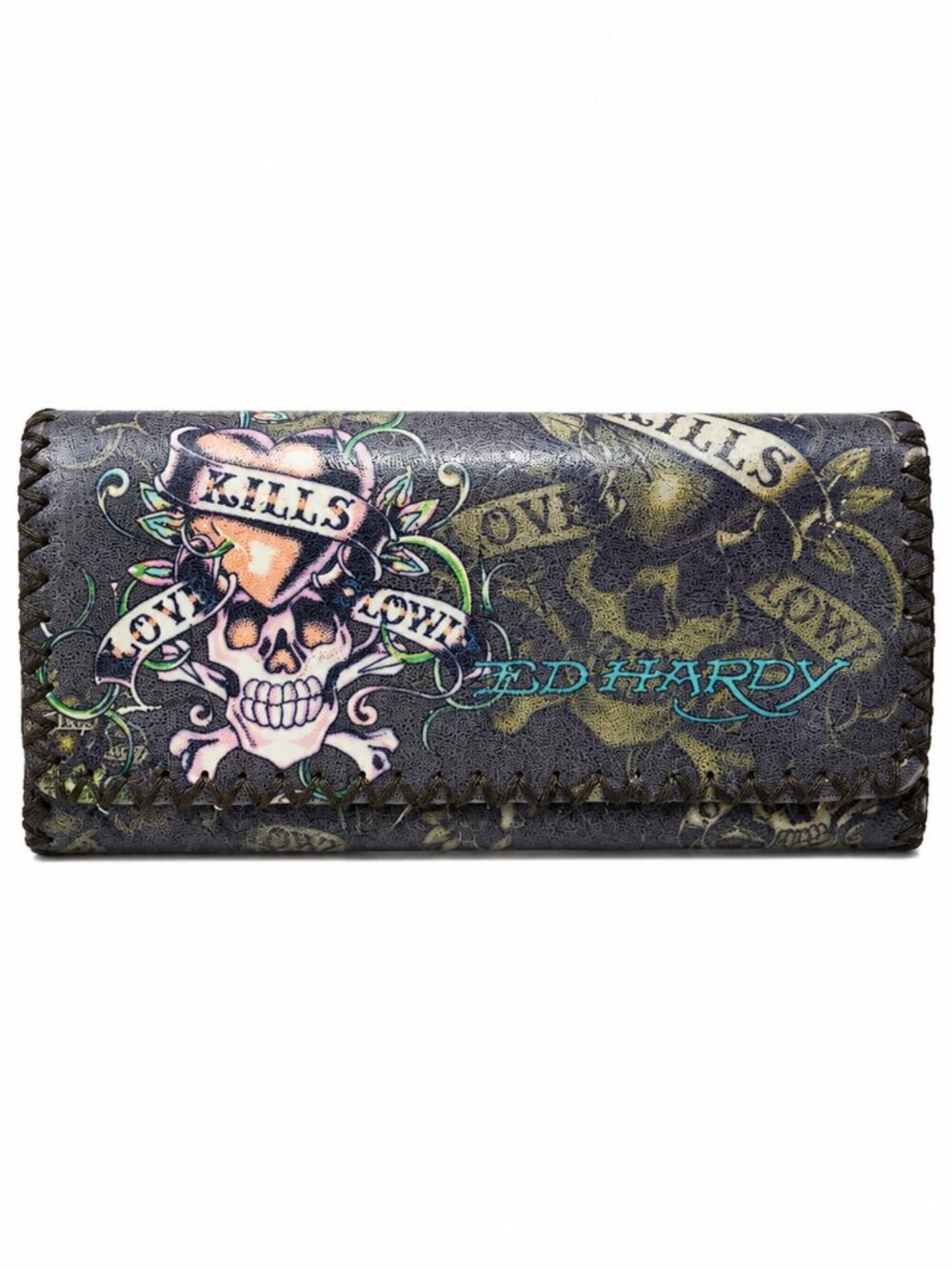 ED HARDY Vintage Love Kills Slowly Leather Wallet Tri-Fold Tattoo 90s Y2K Snap